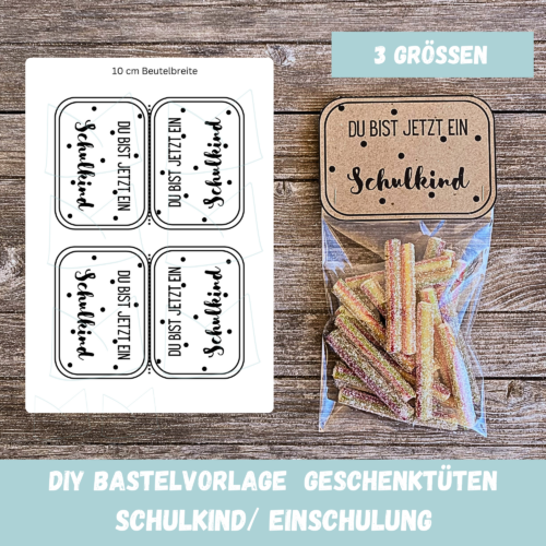 Bastelvorlage Geschenktüte, Tütenklappe - Schulkind- 3 Größen - Digitaler Download PDF