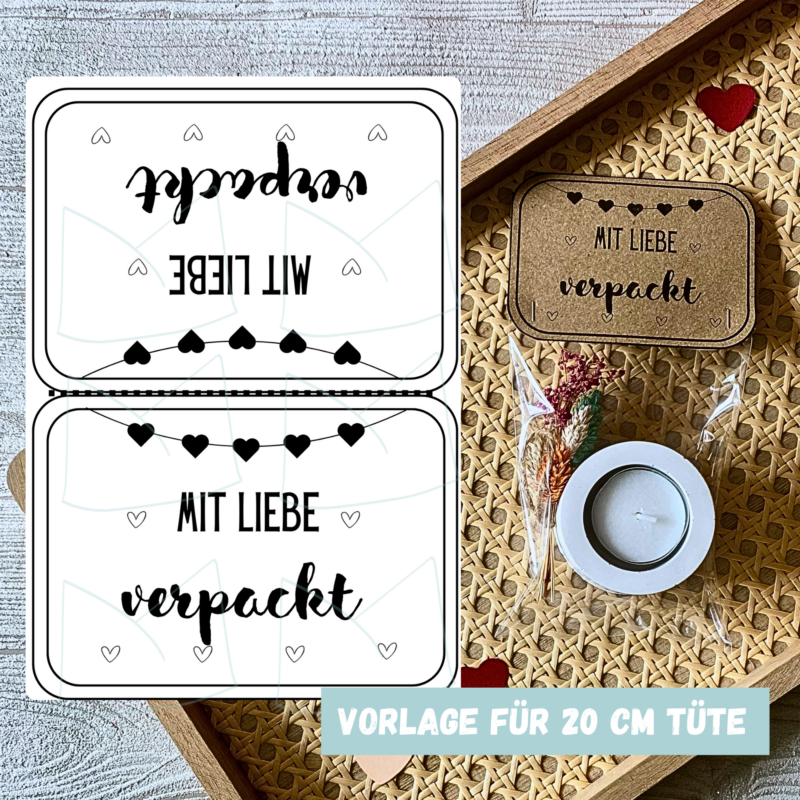 Bastelvorlage Geschenktüte, Tütenklappe - Mit Liebe verpackt - 3 Größen - Digitaler Download PDF