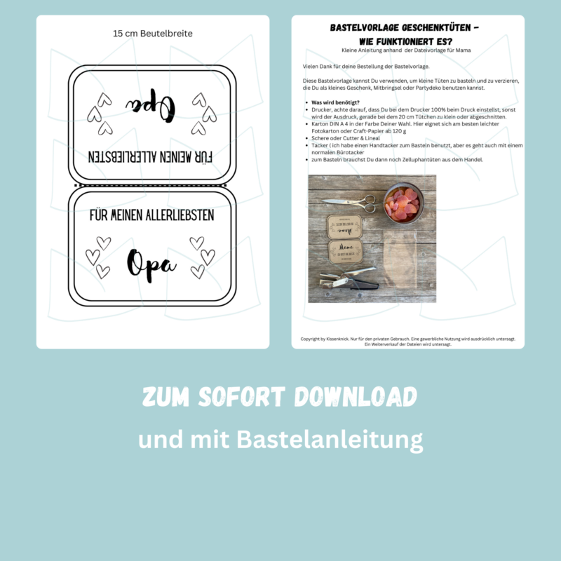 Bastelvorlage Geschenktüte, Tütenklappe - Für meinen allerliebsten Opa - 3 Größen - Digitaler Download - PDF