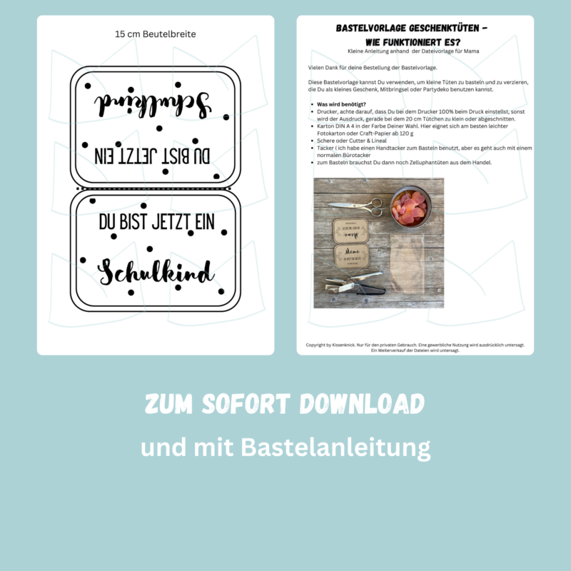 Bastelvorlage Geschenktüte, Tütenklappe - Schulkind- 3 Größen - Digitaler Download PDF