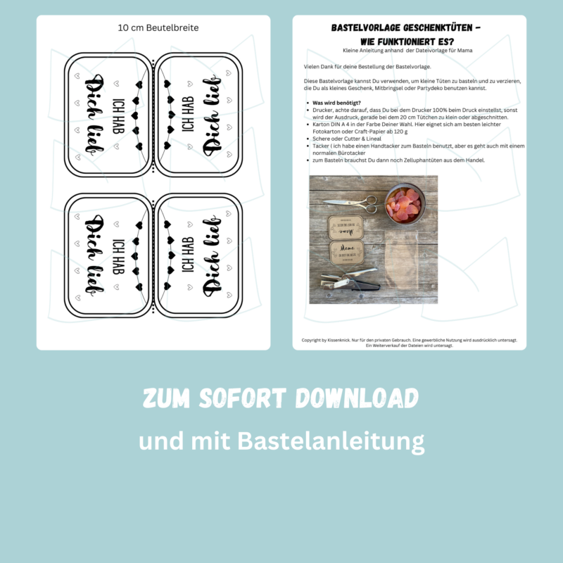 Bastelvorlage Geschenktüte, Tütenklappe - Ich hab Dich lieb - Digitaler Download PDF