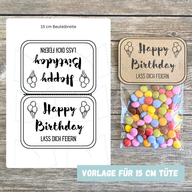 Bastelvorlage Geschenktüte, Tütenklappe - Happy Birthday, lass Dich feiern - 3 Größen - Digitaler Download PDF