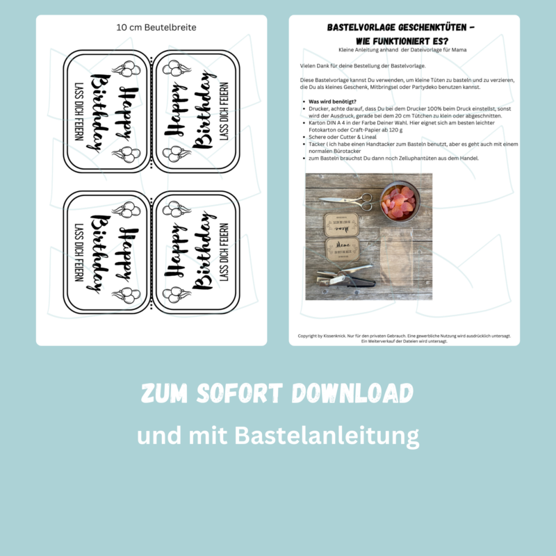 Bastelvorlage Geschenktüte, Tütenklappe - Happy Birthday, lass Dich feiern - 3 Größen - Digitaler Download PDF