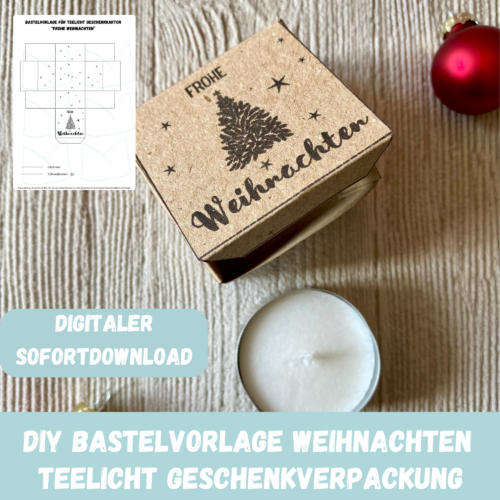 Geschenkkarton/ Verpackung für Teelichter, Frohe Weihnachten - Bastelvorlage zum selber basteln - Download