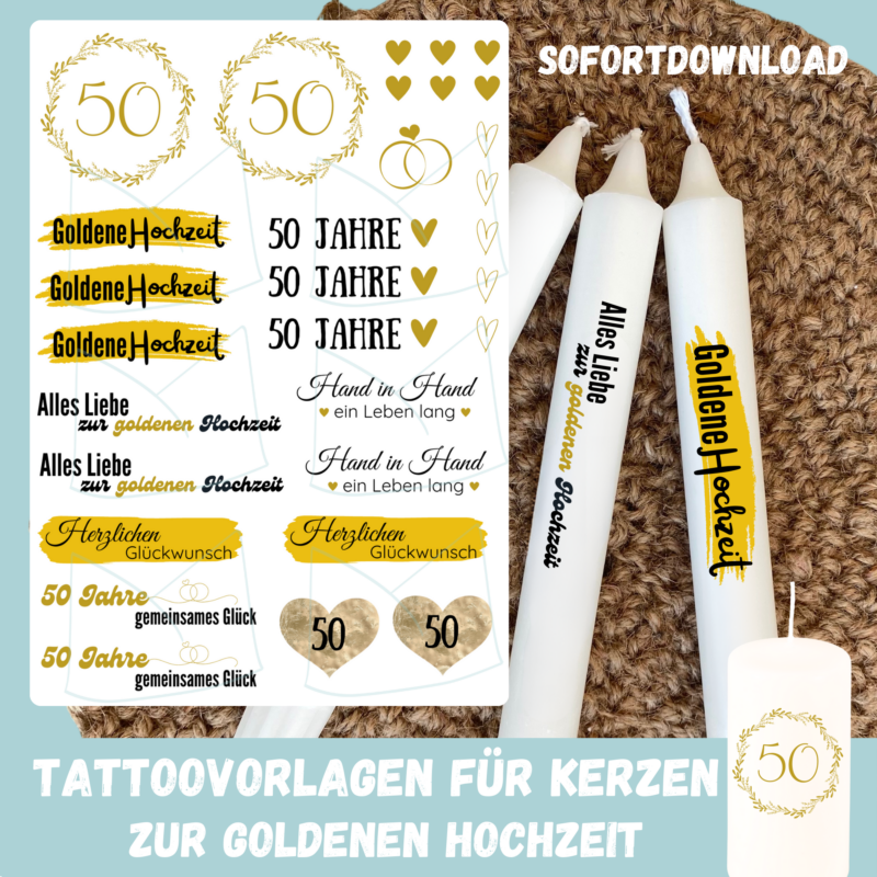 Kerzentattoo Vorlage zur goldenen Hochzeit - für Stabkerzen & Blockkerzen - DIY Druckvorlage - Download