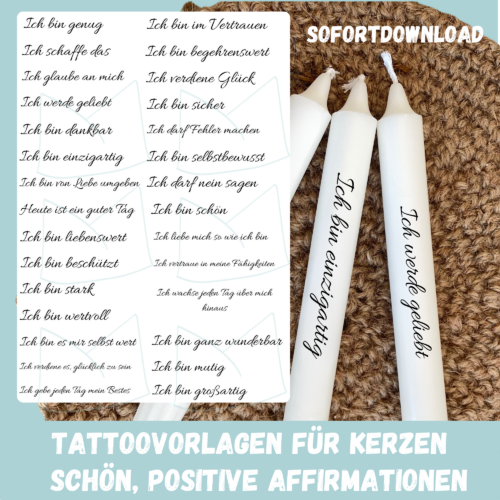 Kerzentattoo Vorlage Positive Affirmationen, Selbstliebe - Druckvorlage zum selber basteln - Download