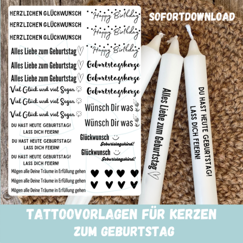 Kerzentattoo Vorlage Herzlichen Glückwunsch zum Geburtstag - für Stabkerzen - DIY Druckvorlage - Download