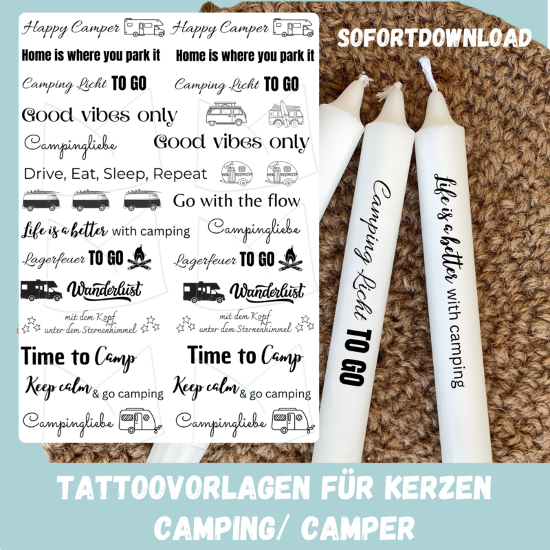 Kerzentattoo Vorlage Camping, für Camper - Druckvorlage zum selber basteln - Download