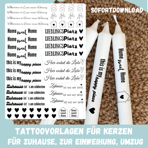 Kerzentattoo Vorlage Zuhause, Einzug, Umzug - Druckvorlage zum selber basteln - Download