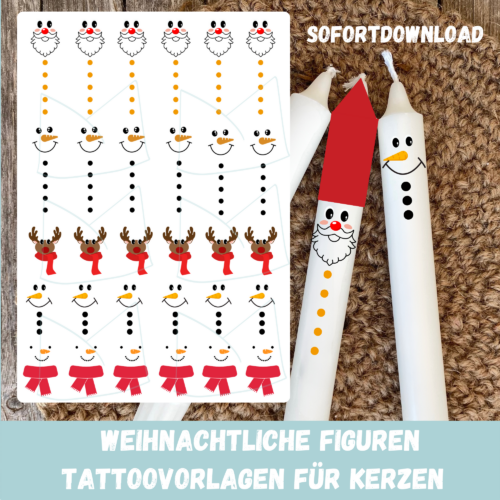 Kerzentattoo Vorlage mit weihnachtlichen Figuren - Schneemann, Nikolaus, Rentier - Druckvorlage zum selber basteln - Download