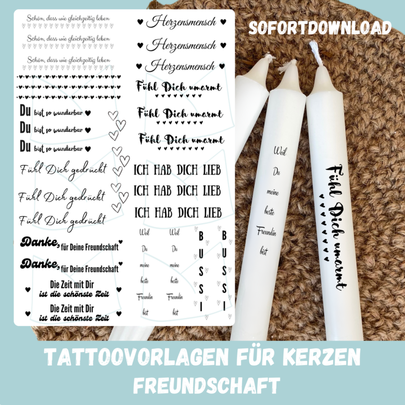 Kerzentattoo Vorlage Freundschaft - für Stabkerzen - Druckvorlage zum selber basteln - Download