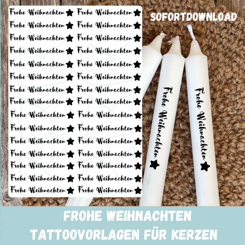 Kerzentattoo Frohe Weihnachten - Schriftzug - für Stabkerzen - Druckvorlage zum selber basteln - Download