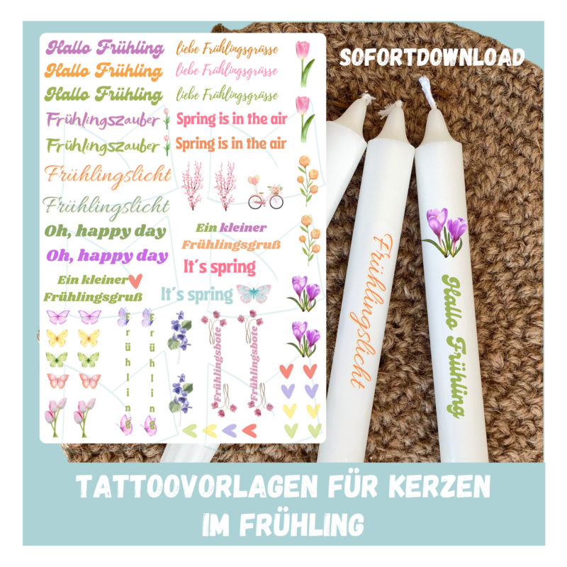 Kerzentattoo Vorlage Frühling, Frühlingsgruß - für Stabkerzen - DIY Druckvorlage - Download