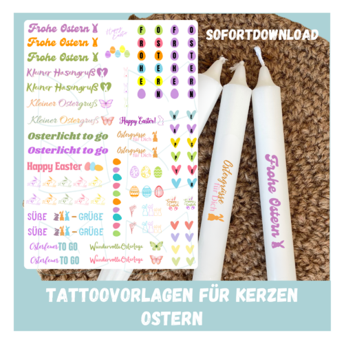 Kerzentattoo Vorlage - Frohe Ostern, bunt, mit Osterhasen & Ostergrüßen - DIY Druckvorlage - Download