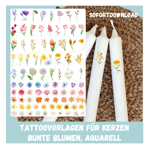 Kerzentattoo Vorlage bunte Blumen, Frühlingsblumen - Druckvorlage zum selber basteln - Download