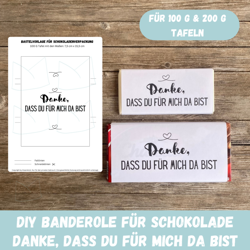 Danke, dass Du für mich da bist - Schokoladenbanderole, Verpackung für Schokolade 100 g & 200 g Tafeln - Digitaler Download - PDF