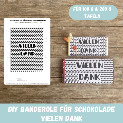 Vielen Dank, Schokoladenbanderole mit Herzen, Verpackung für Schokolade 100 g & 200 g Tafeln - Digitaler Download - PDF