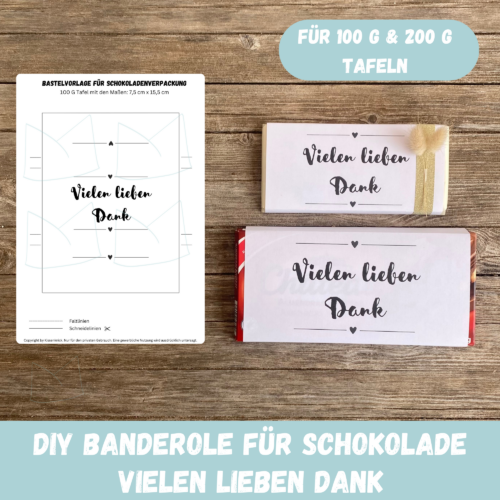 Vielen Dank, Schokoladenbanderole, Verpackung für Schokolade 100 g & 200 g Tafeln - Digitaler Download - PDF