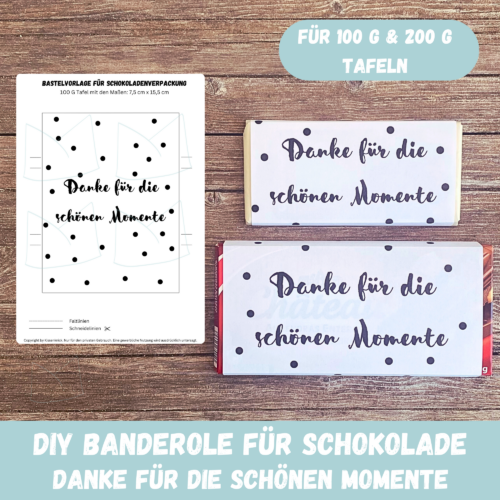 Danke für die schönen Momente - Schokoladenbanderole, Verpackung für Schokolade 100 g & 200 g Tafeln - Digitaler Download - PDF