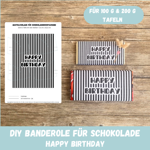 Happy Birthday - Schokoladenbanderole, gestreifte Verpackung für Schokolade 100 g & 200 g Tafeln - Digitaler Download - PDF