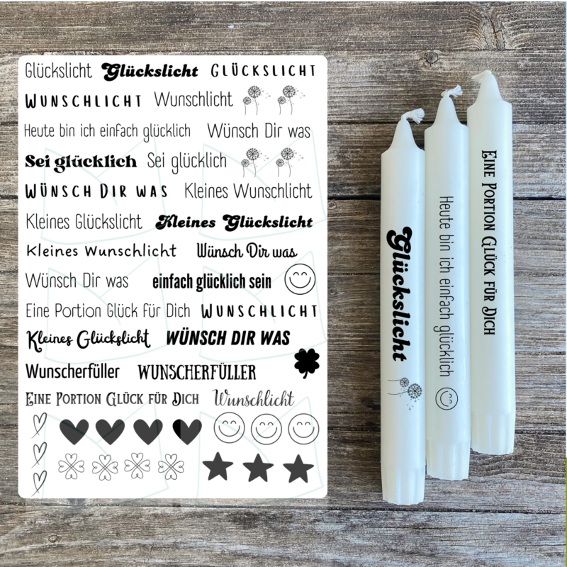 Kerzentattoo Vorlage Glück & Wünsche, Glückslicht, Wunschlicht - für Stabkerzen - DIY Druckvorlage - Download