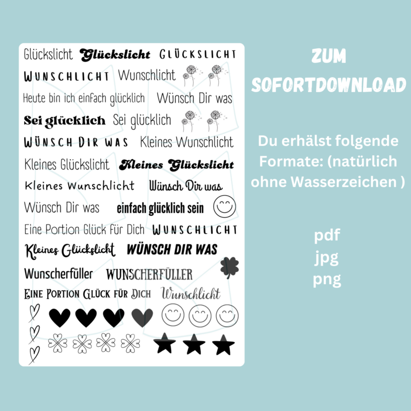 Kerzentattoo Vorlage Glück & Wünsche, Glückslicht, Wunschlicht - für Stabkerzen - DIY Druckvorlage - Download