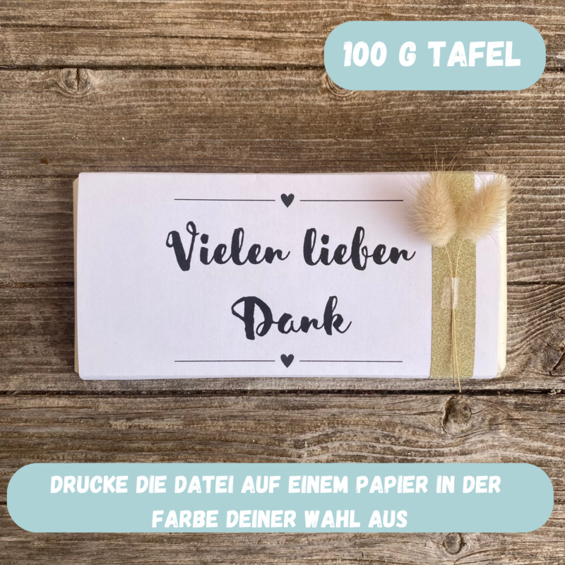 Vielen Dank, Schokoladenbanderole, Verpackung für Schokolade 100 g & 200 g Tafeln - Digitaler Download - PDF