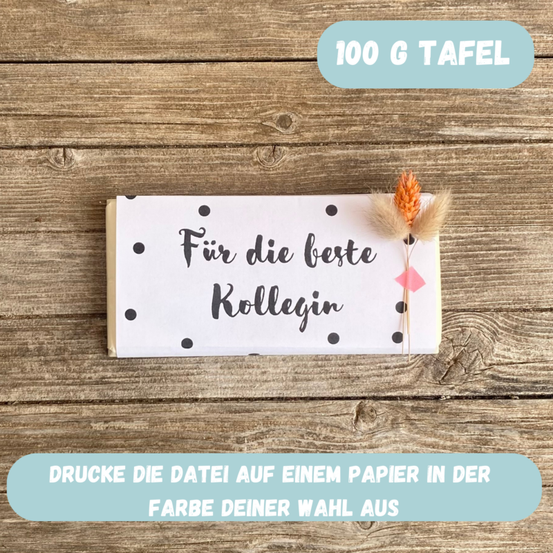 Für die beste Kollegin - Schokoladenbanderole, Verpackung für Schokolade 100 g & 200 g Tafeln - Digitaler Download - PDF