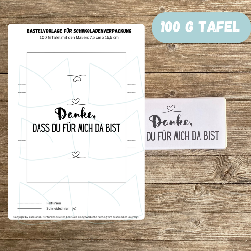 Danke, dass Du für mich da bist - Schokoladenbanderole, Verpackung für Schokolade 100 g & 200 g Tafeln - Digitaler Download - PDF