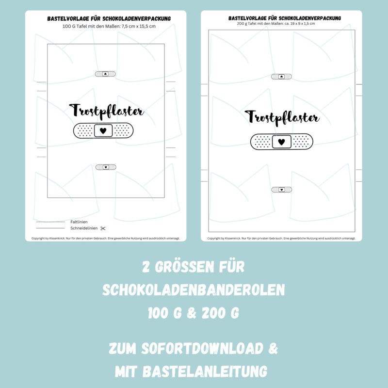 Trostpflaster, Schokoladenbanderole, Verpackung für Schokolade 100 g & 200 g Tafeln - Digitaler Download - PDF