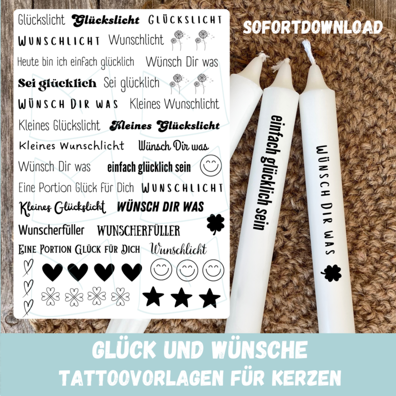 Kerzentattoo Vorlage Glück & Wünsche, Glückslicht, Wunschlicht - für Stabkerzen - DIY Druckvorlage - Download