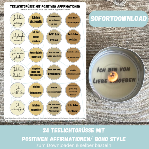 Teelicht mit Botschaft mit positiven Affirmationen, Selbstliebe, Boho Design- Bastelvorlage, Digitaler Download