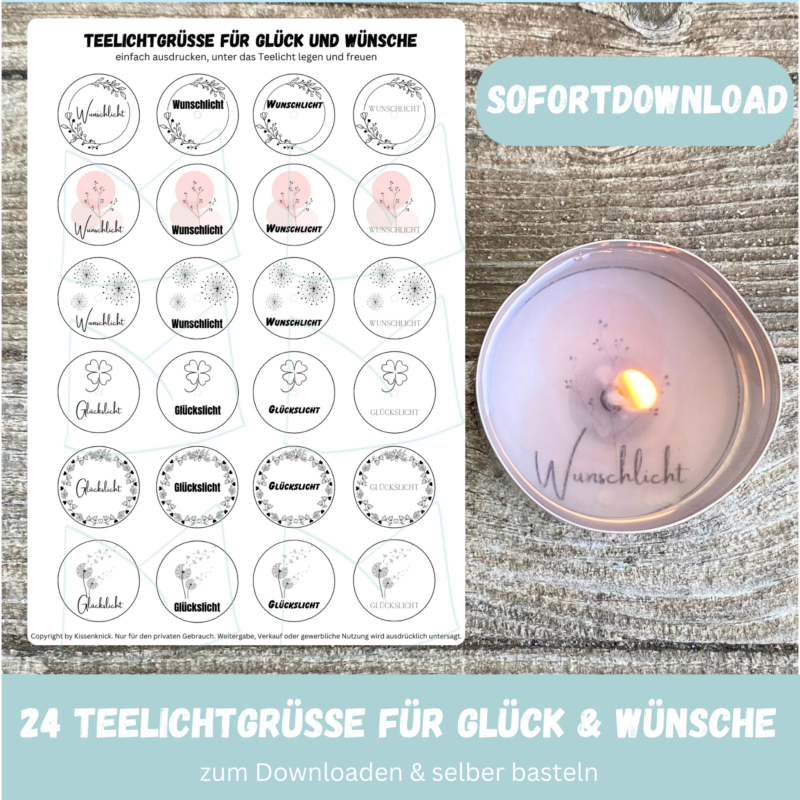 Teelicht mit Botschaft - Glückslicht & Wunschlicht - Bastelvorlage, Digitaler Download