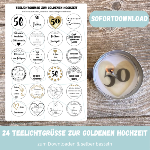 Teelicht mit Botschaft - Goldene Hochzeit - Bastelvorlage, Digitaler Download