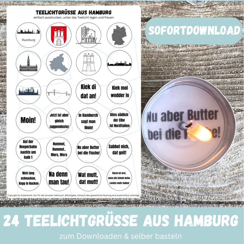 Teelicht mit Botschaft - Hamburg - Bastelvorlage, Digitaler Download