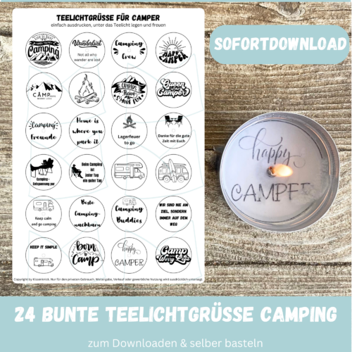 Teelicht mit Botschaft Camping, für Camper - Bastelvorlage, Digitaler Download