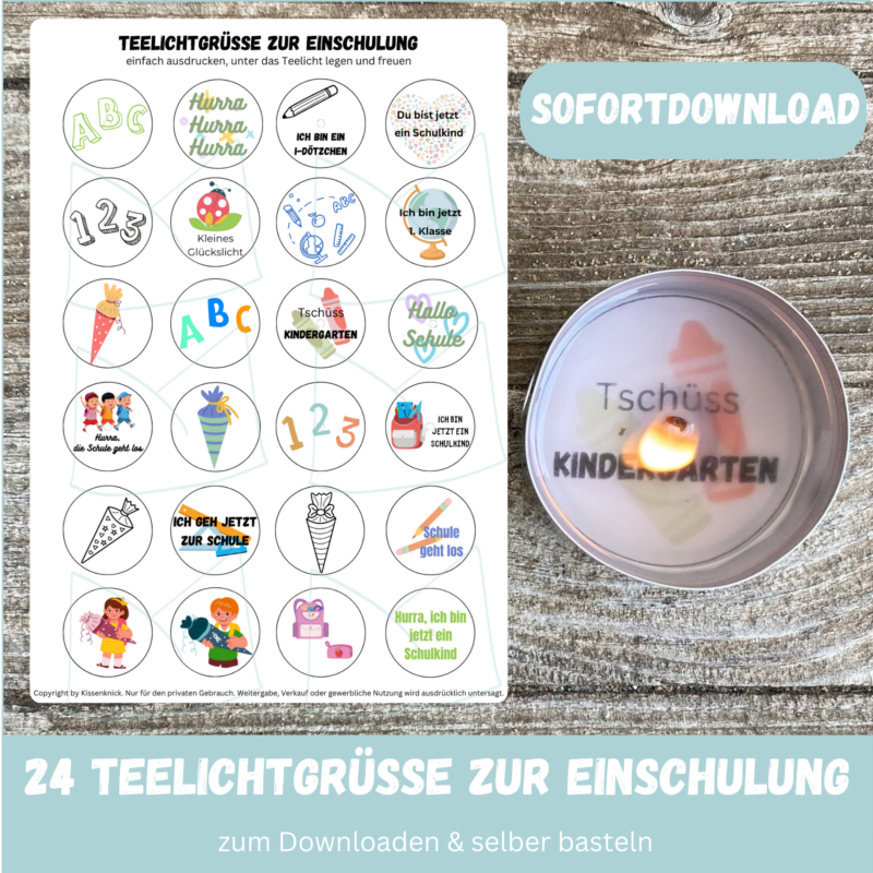 Teelicht mit Botschaft zur Einschulung - Bastelvorlage, Digitaler Download