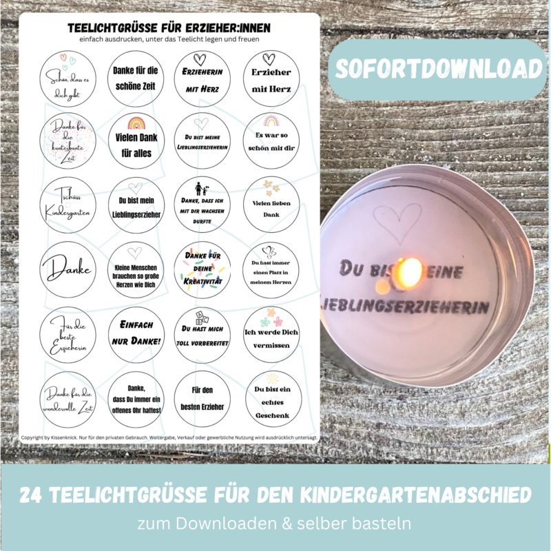 Teelicht mit Botschaft Abschied Kindergarten/ für Erzieher:innen - Bastelvorlage, Digitaler Download