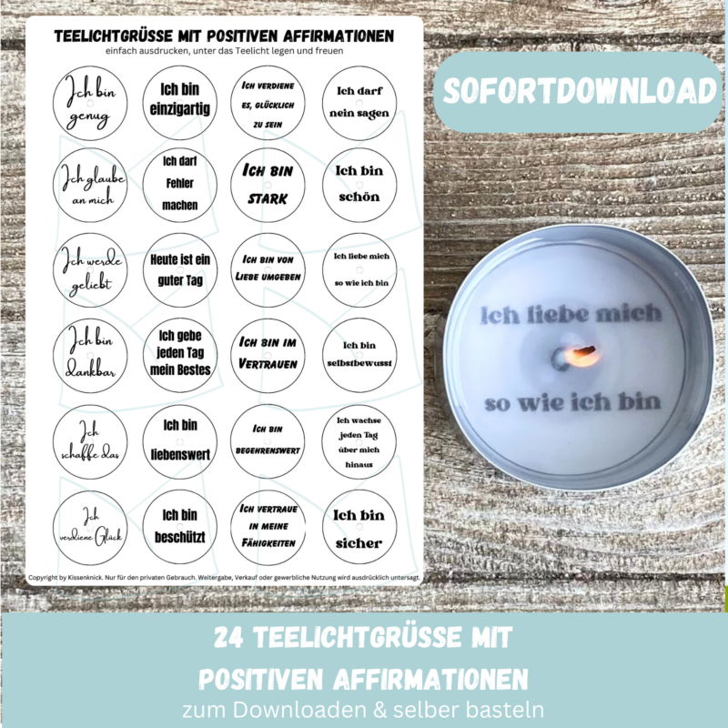 Teelicht mit Botschaft mit positiven Affirmationen, Selbstliebe - Bastelvorlage, Digitaler Download