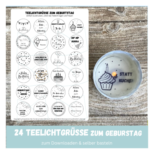 Teelicht mit Botschaft zum Geburtstag, Geburtstagsgrüsse / schwarz- Bastelvorlage, Digitaler Download