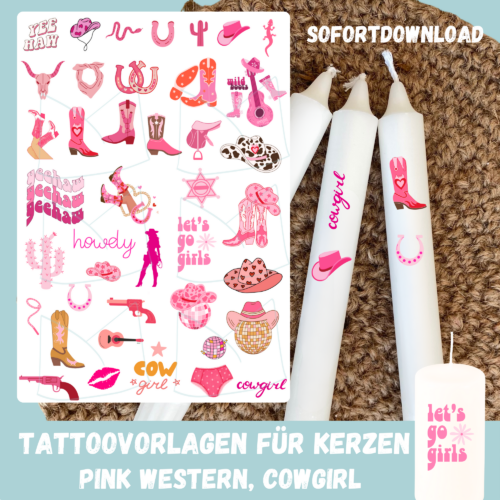 Kerzentattoo Vorlage PINK Wild West - Western Stab- & Blockkerzen, Druckvorlage zum selber basteln - Download