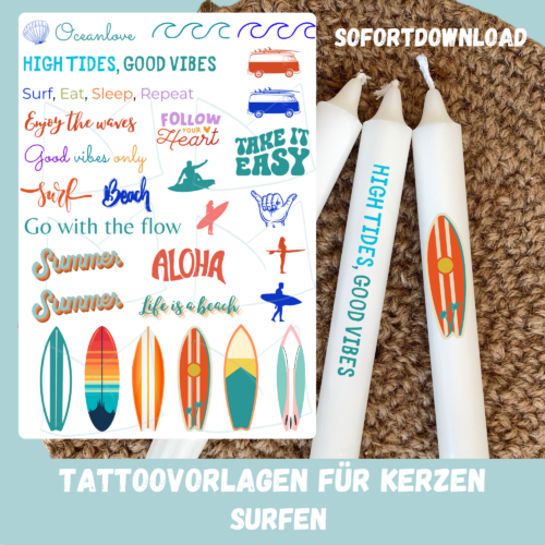 Kerzentattoo Vorlage - Surf Vibes, Surfen, Surfbretter - DIY - Download