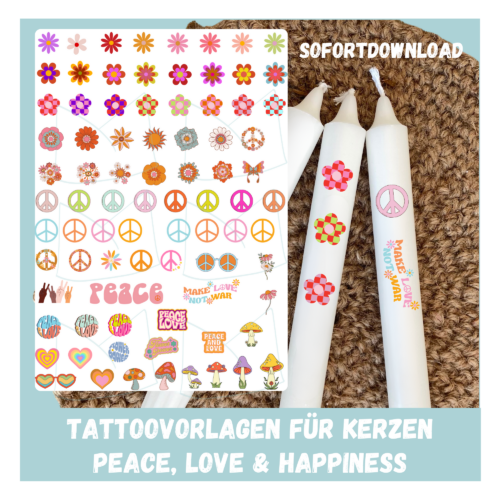 Kerzentattoo Vorlage - Peace, Love & Happiness, Retro Style - DIY Druckvorlage - Download