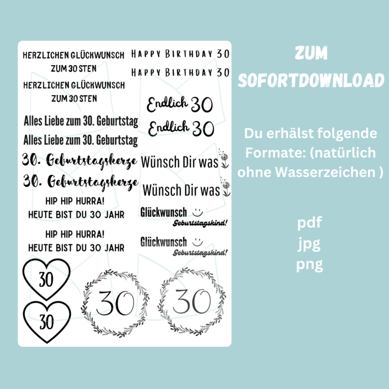 Kerzentattoo Vorlage - 30. Geburtstag, runder Geburtstag - für Stab- & Blockkerzen - DIY Druckvorlage - Download