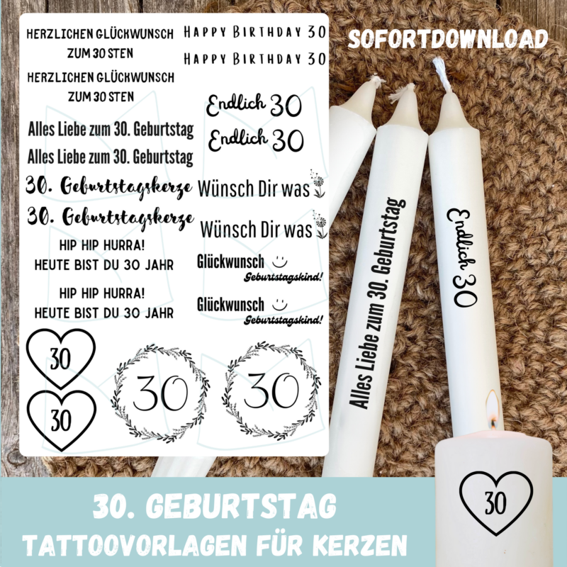 Kerzentattoo Vorlage - 30. Geburtstag, runder Geburtstag - für Stab- & Blockkerzen - DIY Druckvorlage - Download